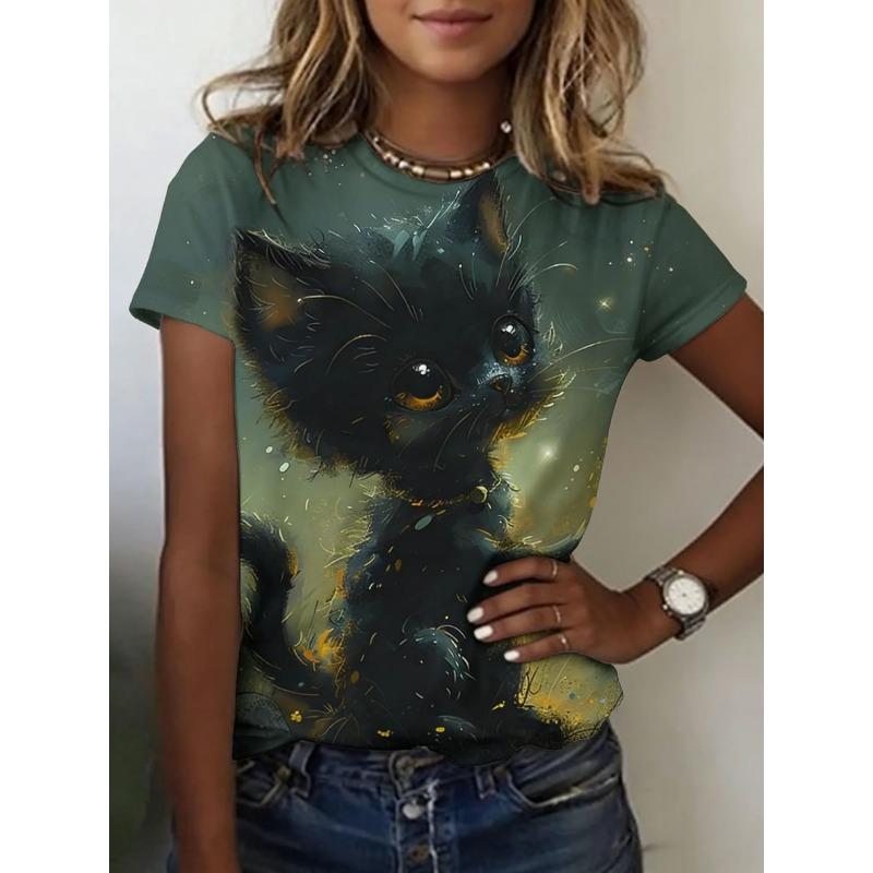 Women's printed short-sleeved T-shirt - Soft round-neck casual top, suitable for daily wear and various themed occasions