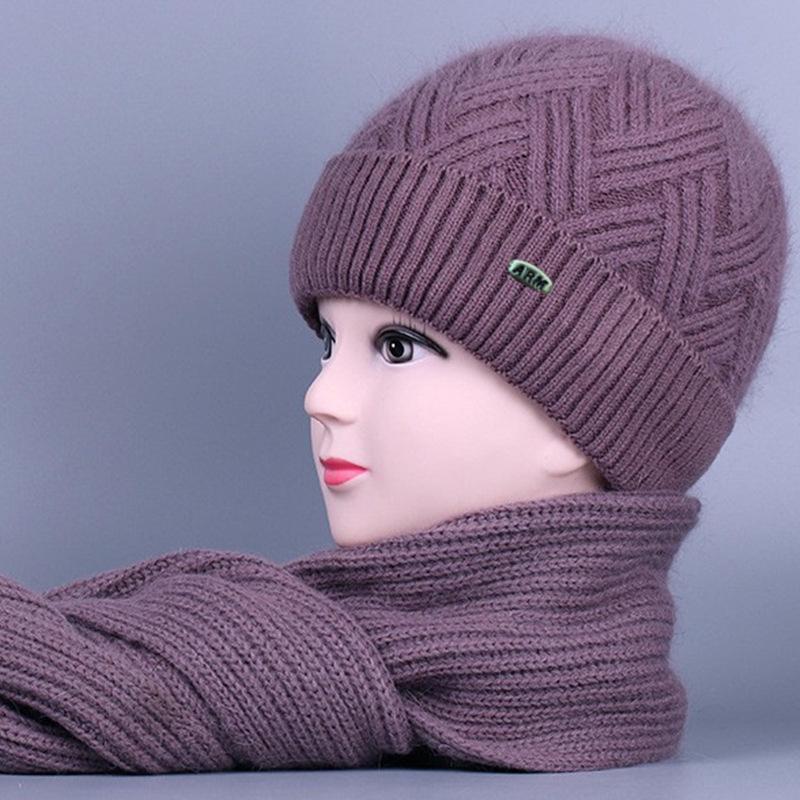 Damski jesienno-zimowy zestaw wełnianej czapki i szalika z ochroną uszu dla osób w średnim i starszym wieku