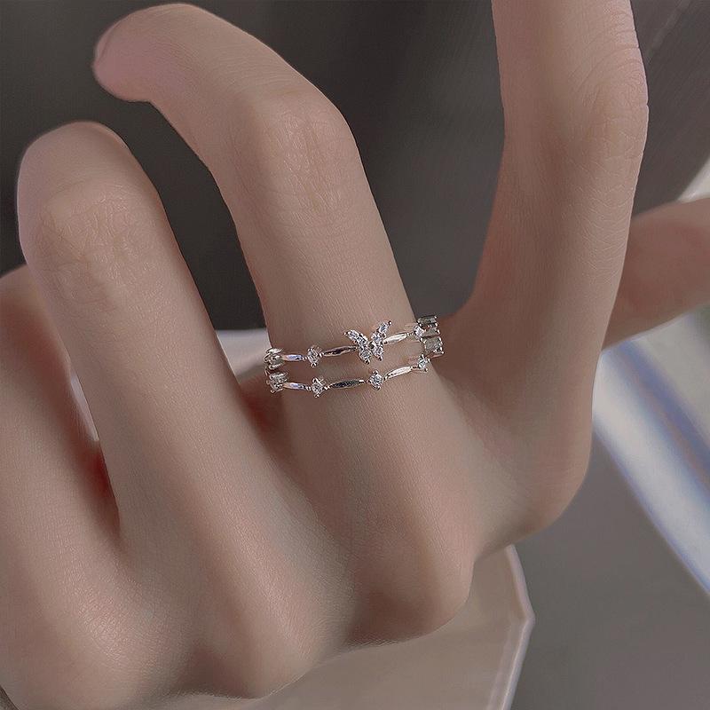 Elegant Double-Layer Butterfly Ring - Adjustable, Sparkling Diamond Open Design for Women, Fashionable and Chic.