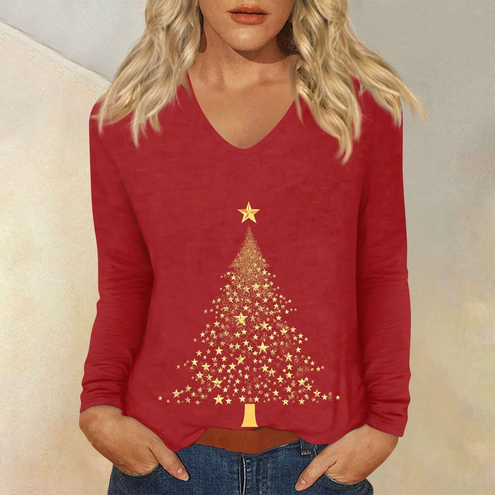 

Женский повседневный повседневный топ с длинными рукавами и рождественским принтом и V-образным вырезом XXXL винный