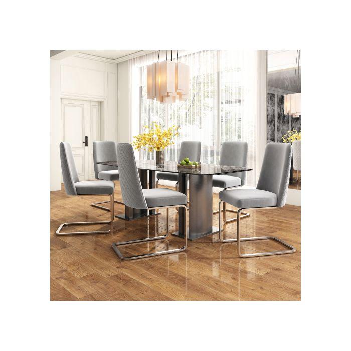 Chaise de salle à manger - MUVOE - Dos en losange - Velours gris - Pieds métal argenté - Ensemble 4