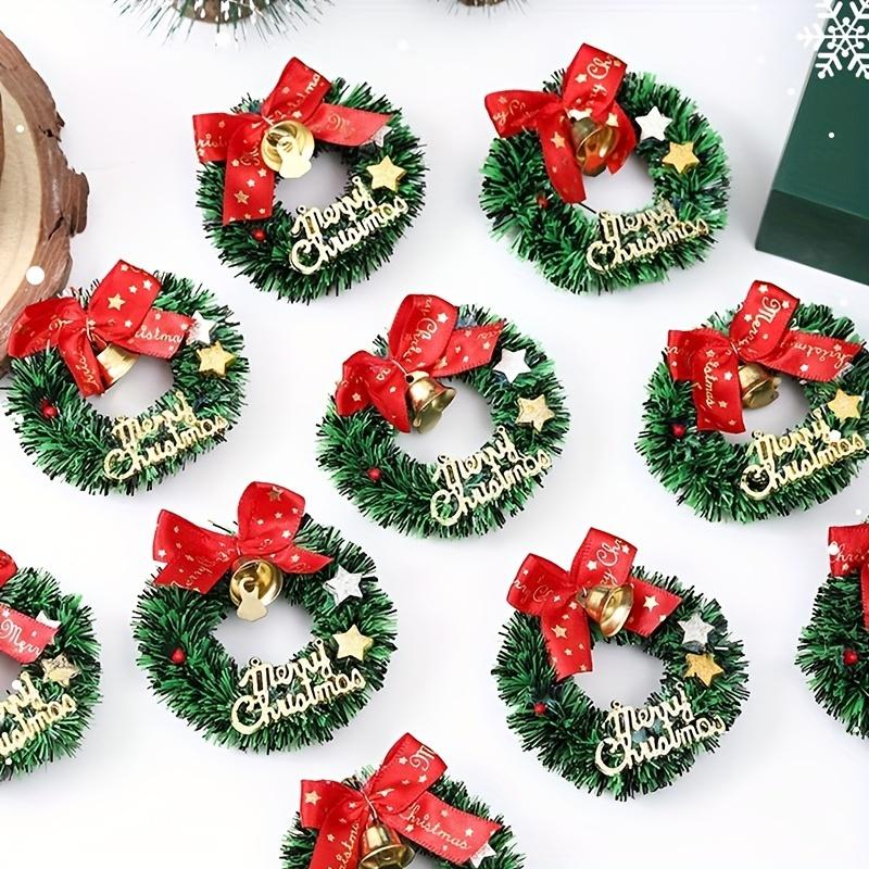 30pcs Mini Christmas Wreaths with Red Bows and Golden Bells - Plastic Holiday Decor for Christmas,Thanksgiving, New Year,Wedding