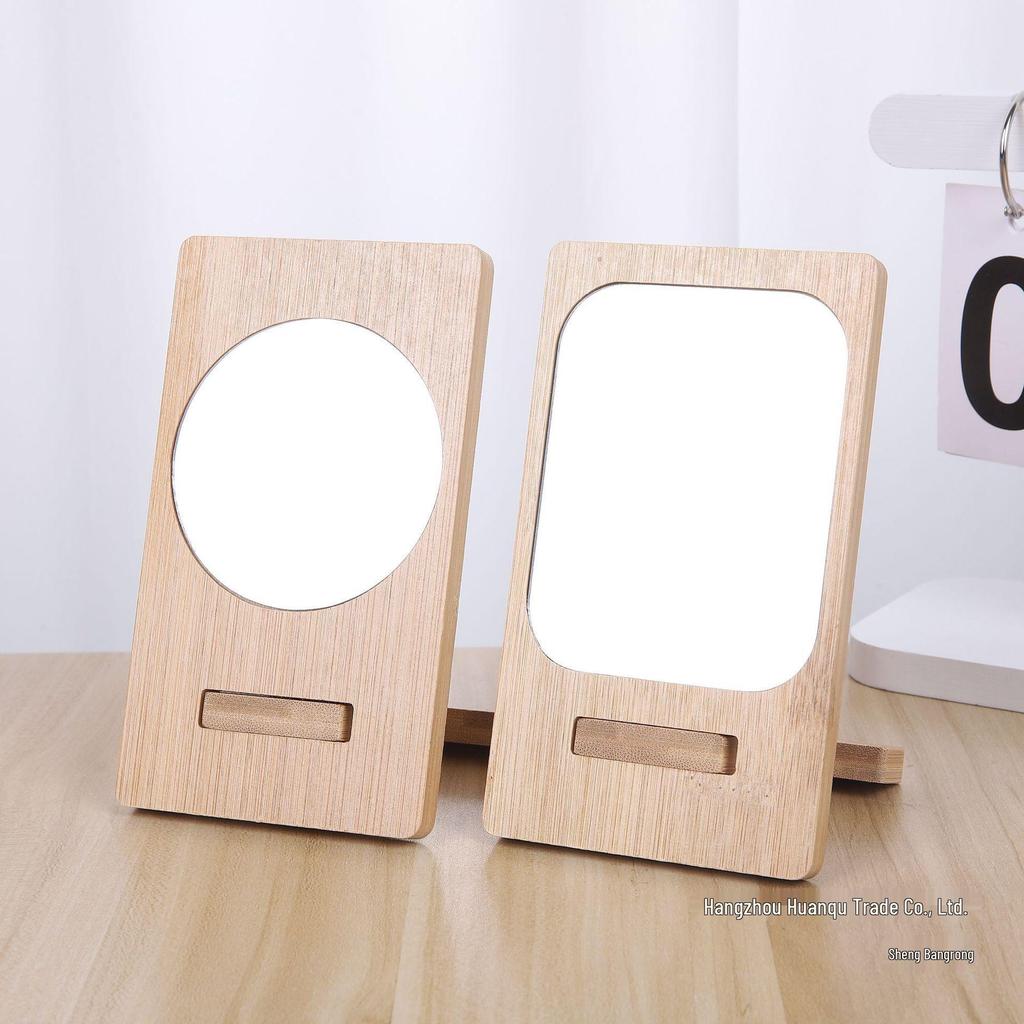Portable Bamboo Mini Makeup Mirror with Phone Holder