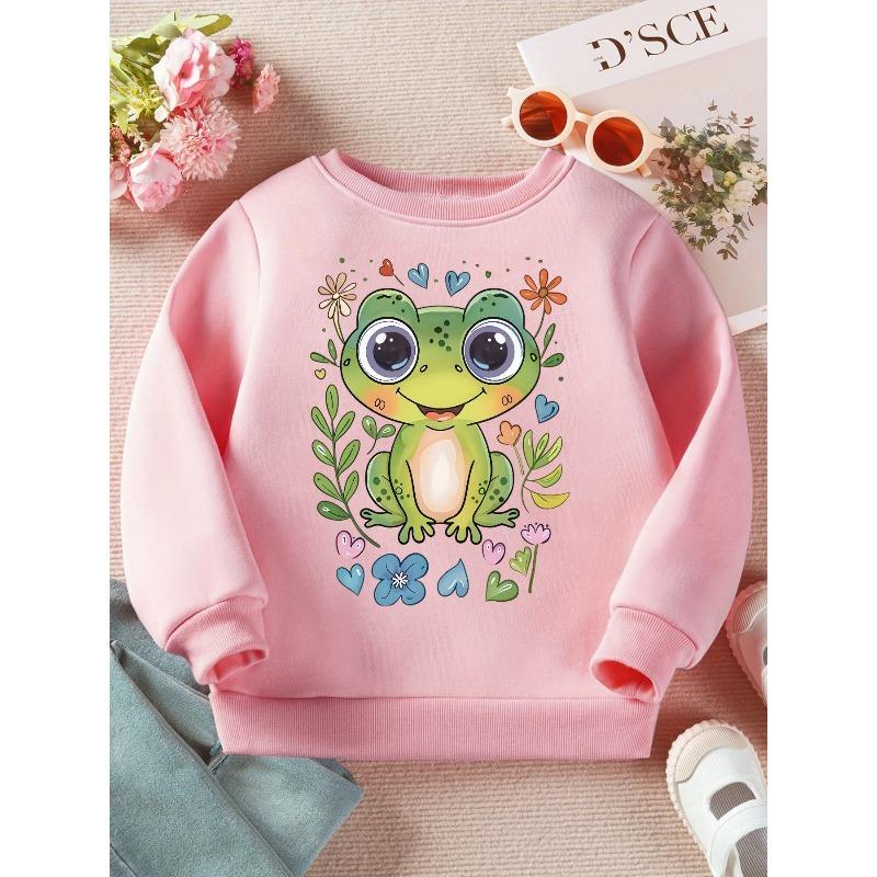 Kids Crewneck Sweatshirt, Cute Green Frog Floral Heart Print Long Sleeve Casual Top for Spring Autumn