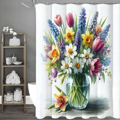 Vazo Buket Çiçekli Duş Perdesi, Banyo Dekoratif Duş Perdesi, Kancalı Su Geçirmez Duş Perdesi