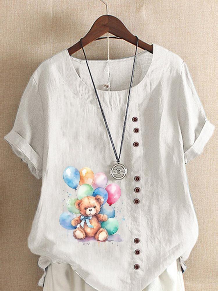 Women's Fashion Bear Print Round Neck Short Sleeve T-shirt Summer Casual Cotton Linen Graphic Shirt Leisure Loose Blouse Tops