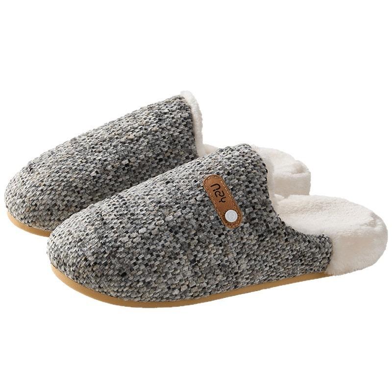 Cotton slippers women's autumn and winter retro plaid home indoor velvet warm and non-slip couple cotton shoes men's fluffy slippers