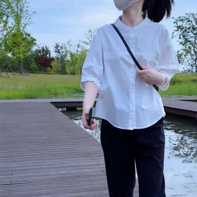 2025 Summer Casual Mid-Sleeve Slimming Loose Fit Shirt – Stylish and Versatile Solid Color Top