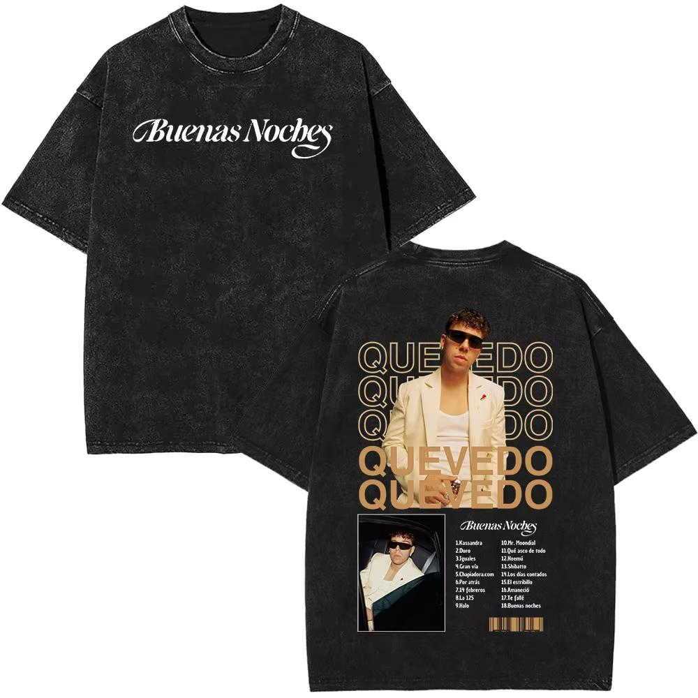 Rapper Quevedo Buenas Noches Vintage Washed T Shirt Mens High Quality Short Sleeve Tshirts Fashion Oversized Harajuku Tshirts