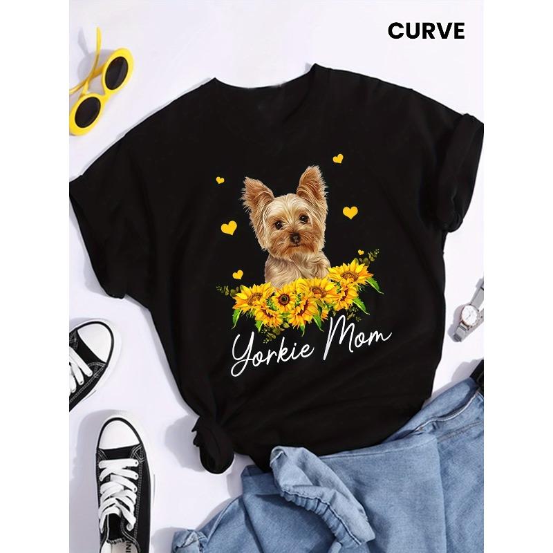 

Women Yorkie Dog Mom T-Shirt Sunflower Applique Round Neck Summer Casual Pet Lover Gift Top L чорний