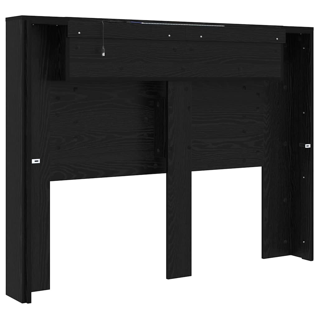 Storage Headboard with LED Lighting Black Oak Wood Based Material
