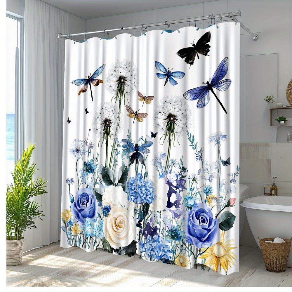 1Pc Floral Butterfly Shower Curtain With Elegant Dandelions & Blue Roses - Vibrant Forest Theme Bathroom Decor, Durable Polyeste