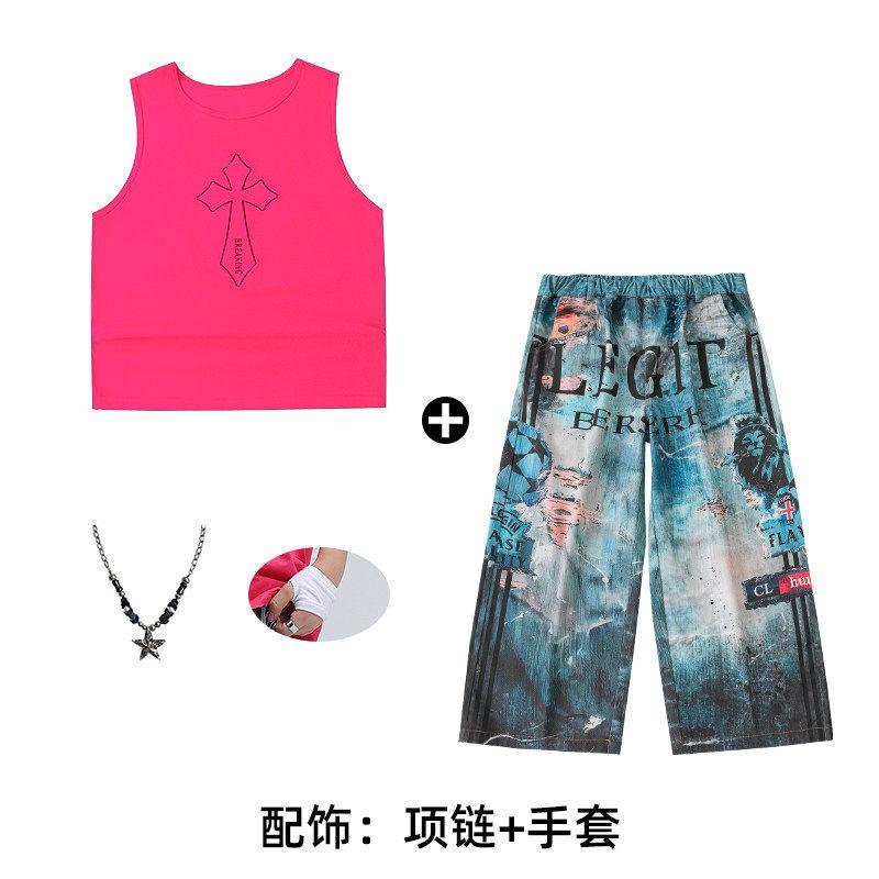 Kids Hip Hop Dance Outfit Set Boys Girls - Sleeveless Pink Top Navy Blue Pants With Accessories