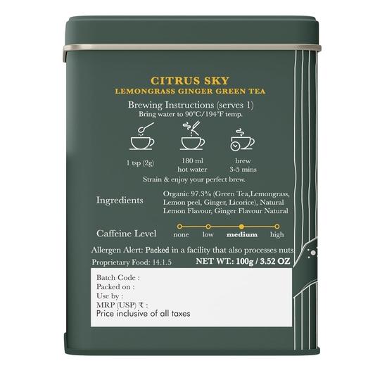 Luxmi Estates Citrus Sky Lemongrass Ginger Green Tea - 100gm Tin Loose Leaf | Certified Organic Darjeeling | Natural Lemon Balm Tea
