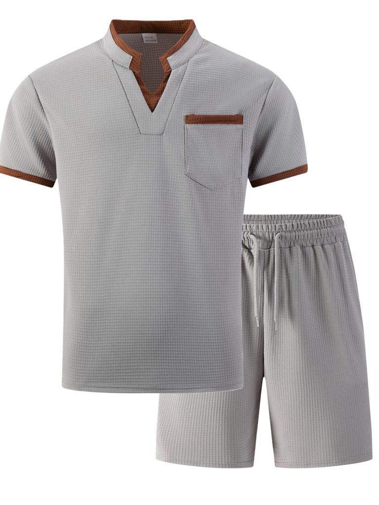 Men's V-neck Short Sleeve T-shirt with Large Pocket and Shorts Casual Two-piece Set - Summer Style