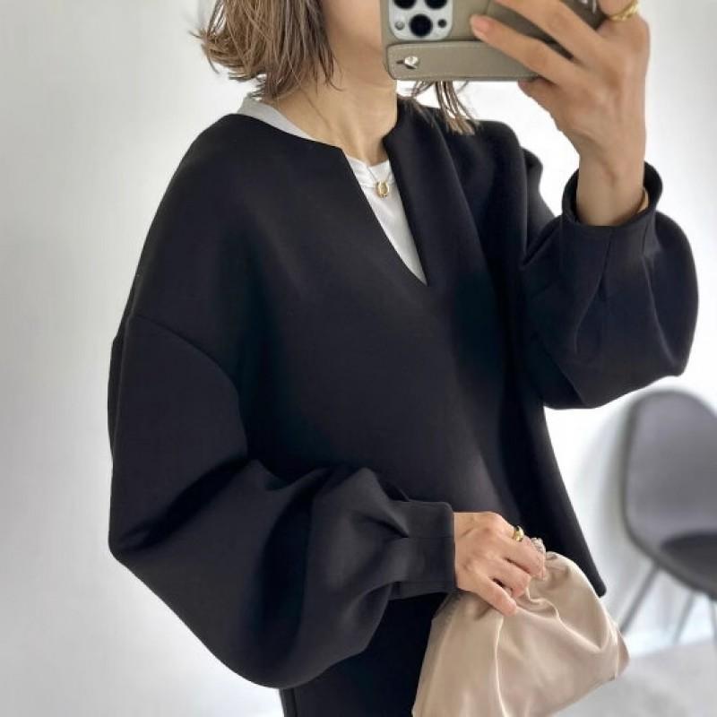6 Colors Loose Fit V-Neck Long Sleeve Sweatshirt Polka Dot Cotton Blend Top Women