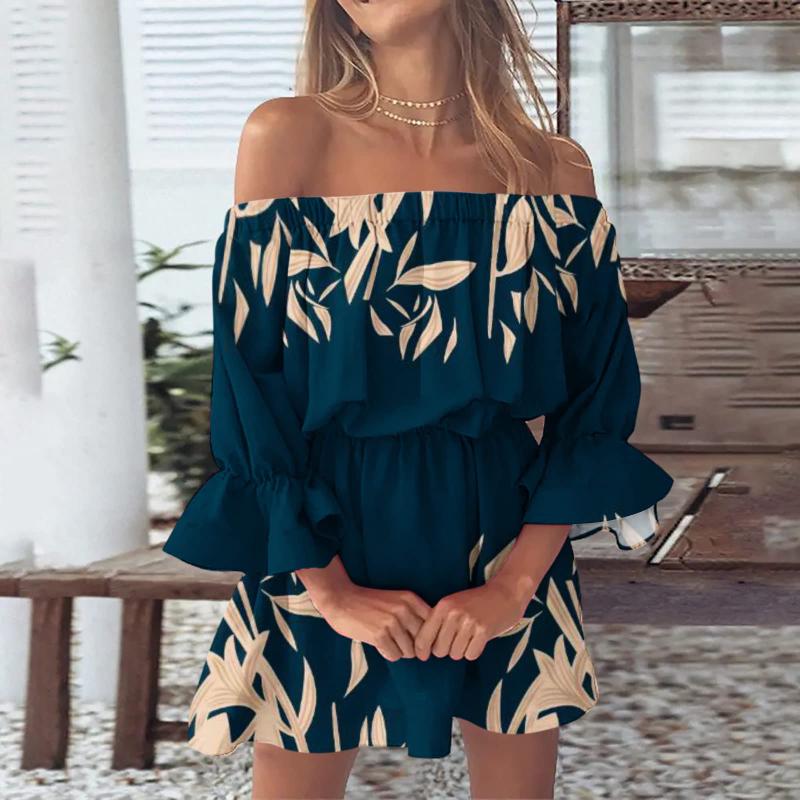 Women Floral Print Mini Dresses Summer Sexy Off Shoulder Flare Sleeve Tunic Dress Female Casual Boho Beach Dress