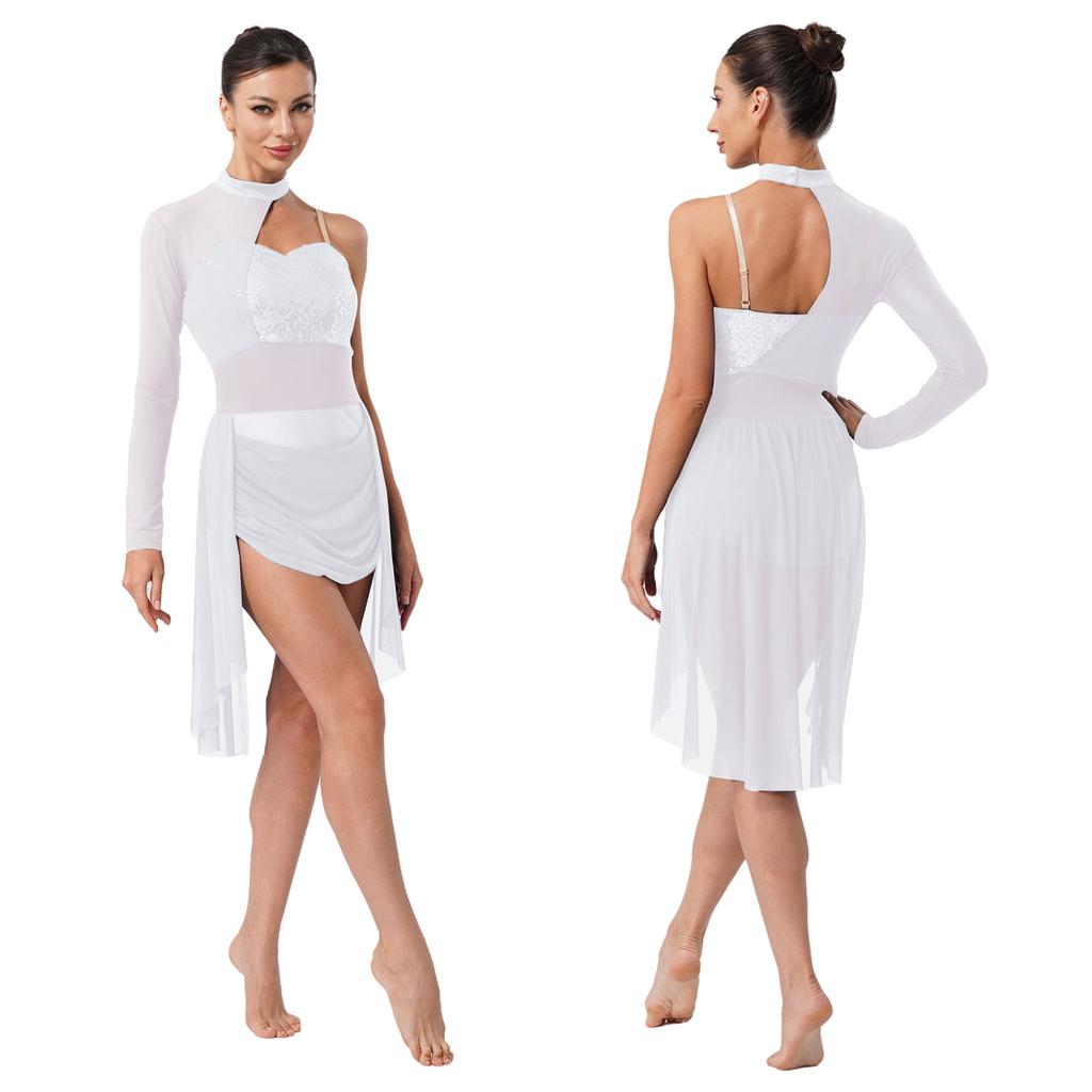 Damen Lyrischer Tanz Trikot Rollkragen Verstellbare Spaghettiträger Ein Schulter Glitzernde Pailletten Kleid