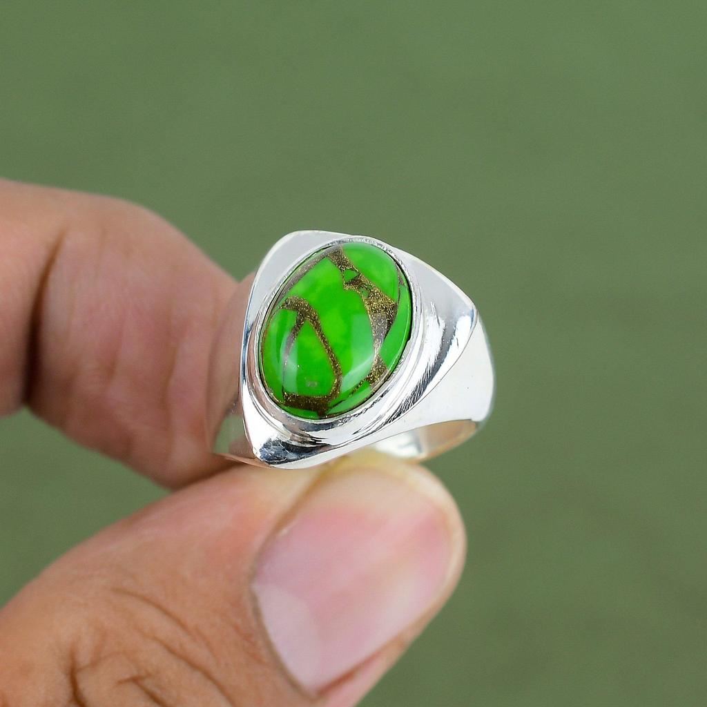 Copper Green Turquoise Ring 925 Sterling Silver Ring Real Gemstone Ring Unique Design Jewelry Handmade Ring For Gifts Available In Ring Size