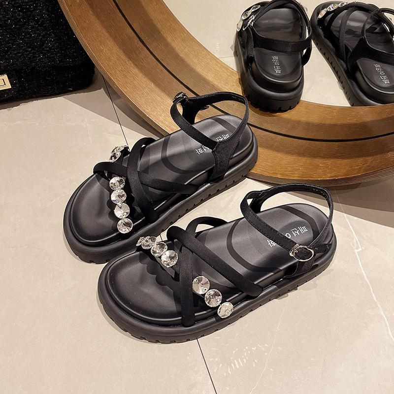 

French Rhinestone Sandals Women s Summer 2025 New Fashion Versatile Platform Roman Beach Casual Sandals 35 чёрный