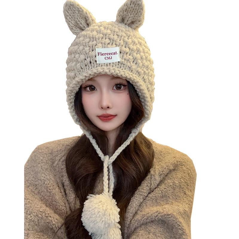 Cute Handmade Rabbit Ears Wool Hat Women's Autumn and Winter Knitted Hat Warm Ear Protector Hat Tide