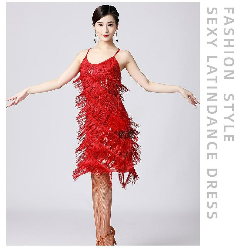 Latin Dance Sequined Tassel Skirt Latin Dance Skirt V-neck Party Dance Dance Skirt Performance Costume Stage