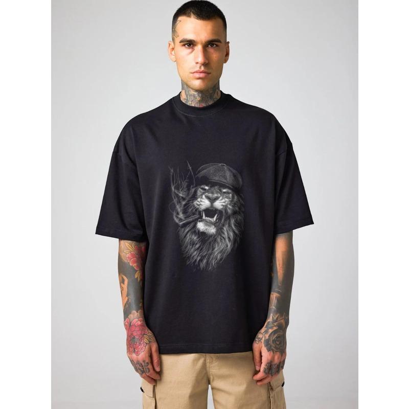 Oversized T Shirt Black Lion Wearing Hat And Smoking Pipe Graphic Print Casual Streetwear For Men