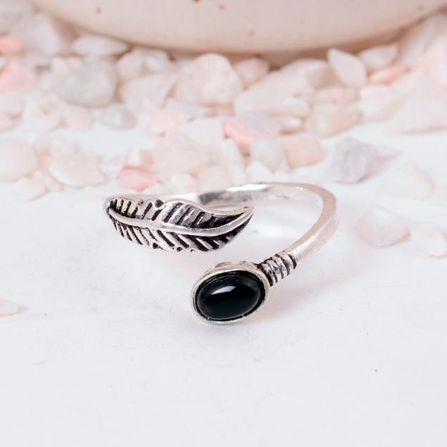 Adjustable Black Onyx Feather Ring | Silver Plated Boho Wrap Jewelry | Protection Stone Gift for Her