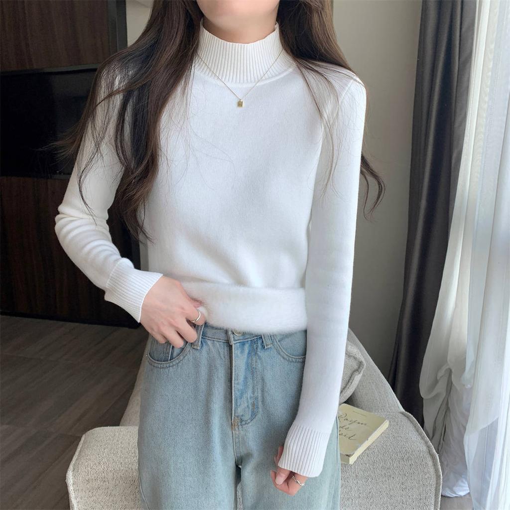 Solid color turtleneck integrated fleece thickened inner top women's winter simple basic knitted bottoming shirt soft waxy sweater
