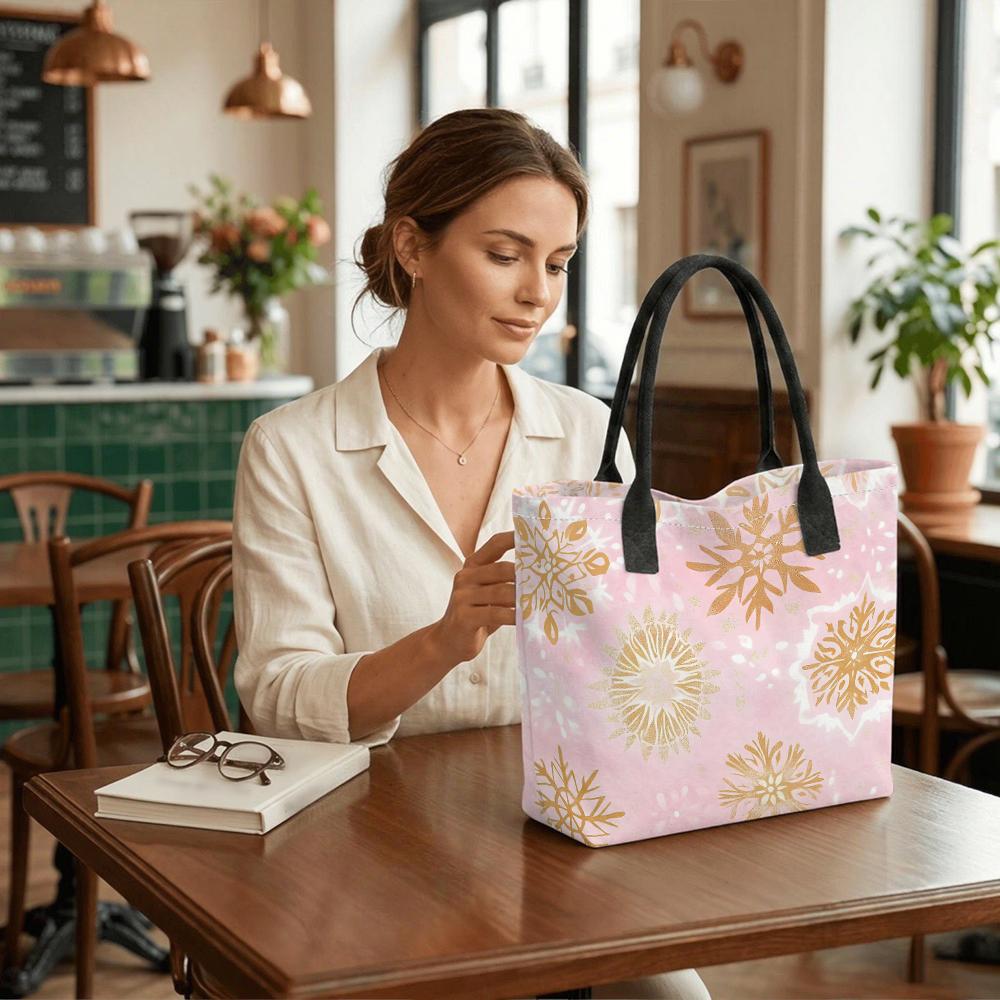 Tote Bag Pink Golden Snowflakes Winter Print Canvas Holiday Shopping Gift for Women