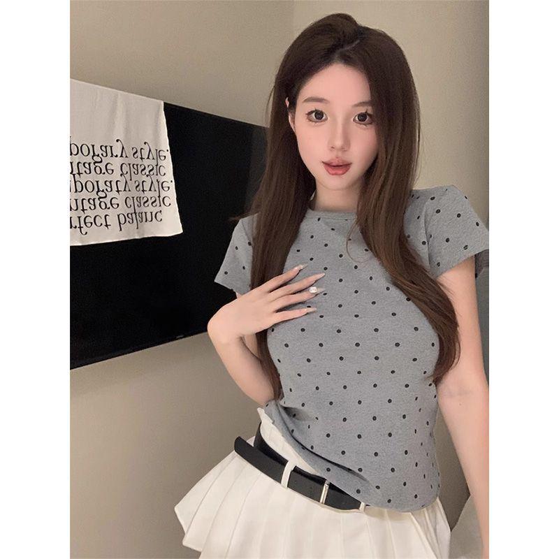 

Летний серый топ в горошек облегающего кроя с коротким рукавом для молодых женщин L