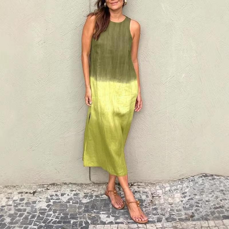Women's Spring Cotton Linen Midi Dress, Gradient Color Sleeveless Side Slit Loose Casual Daily Vacation Dress