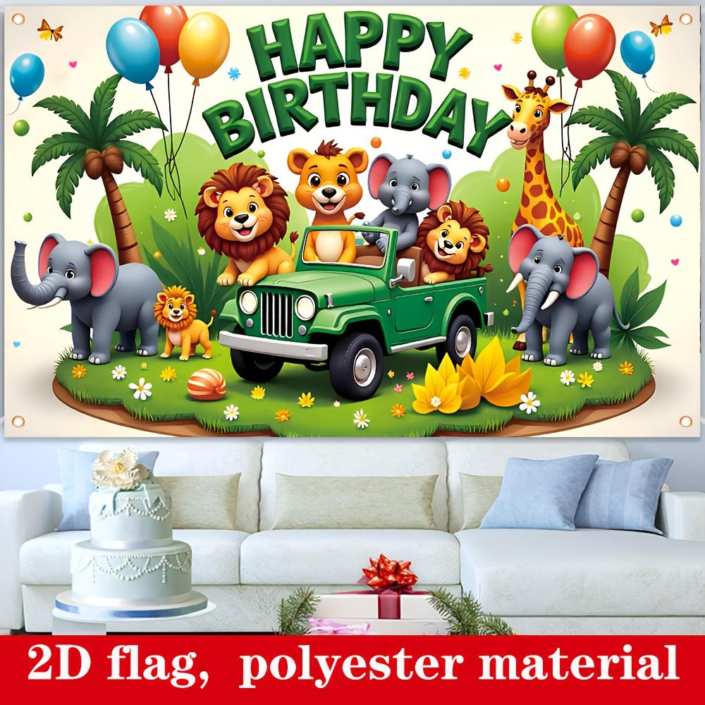 2D Flat 1pc Jungle Happy Birthday Banner - 179.83cm x 109.98cm Durable Polyester Lion Elephant Giraffe Pattern Indoor Outdoor Party Decor