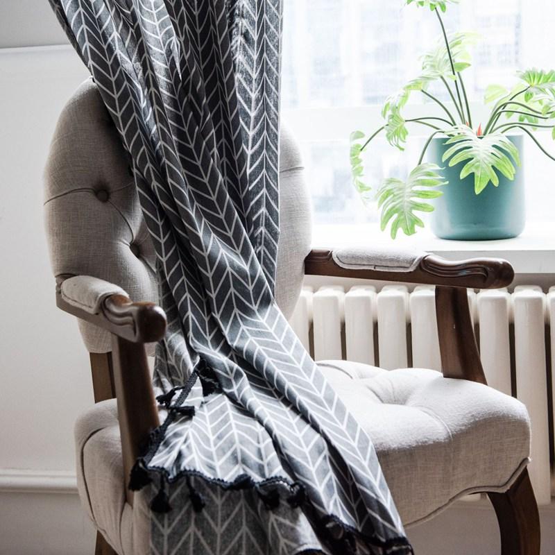 Grey Geometric Tassel American Style Small Window Kitchen Valance Cotton Hemp Semi-shading Bay Window Living Room Bedroom Drapes