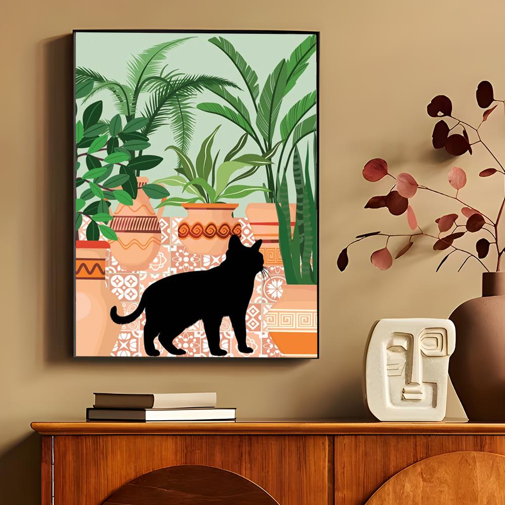 

Абстрактные зеленые растения Черная кошка Классические винтажные постеры Белая бумага Печать постеров Художественное произведение Kawaii Декор комнаты 21cm×30cm NoFrame