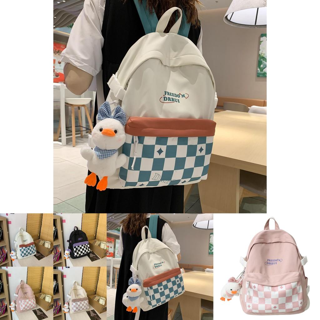 Simplified Checkered Letter Pattern Student Backpack With Plush Pendant For Middle School Students