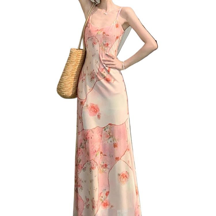 Pink floral suspender dress female summer dopamine beautiful Yunnan tourism seaside vacation beach fishtail dress