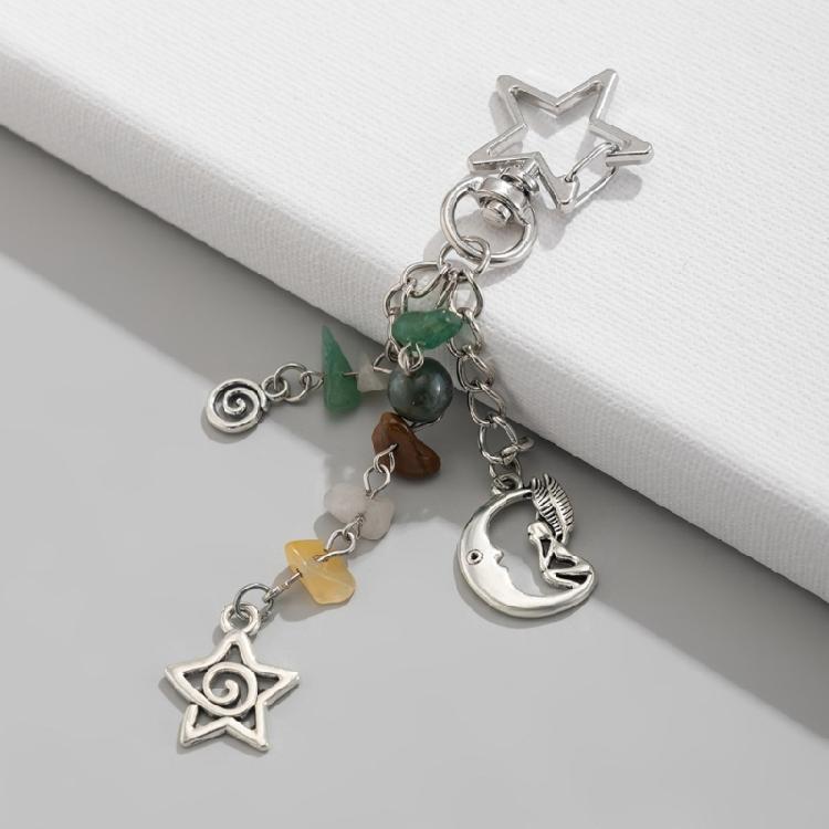 Fashionable Irregular Stone Keychain Colorful Beads Keyring with Stars Moon Sun Pendant Lightweight Key Accessory