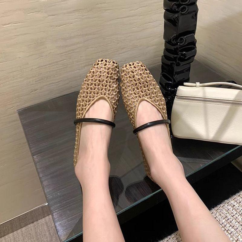 Fashion New Square Toe Hollow-out Woven One-Strap Versatile Soft Slip Single Shoes Women's Soft Sole Non-Slip Flats