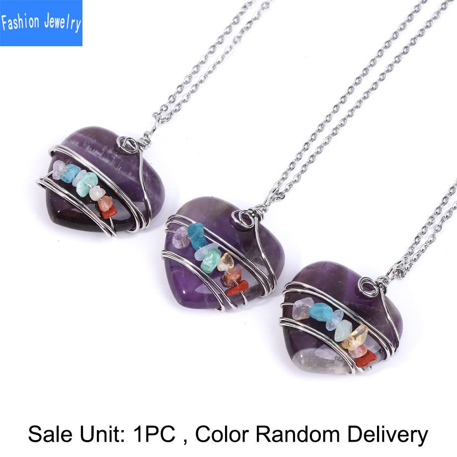 Natural stone crystal heart-shaped winding colorful gravel pendant necklace personalized fashion jewelry
