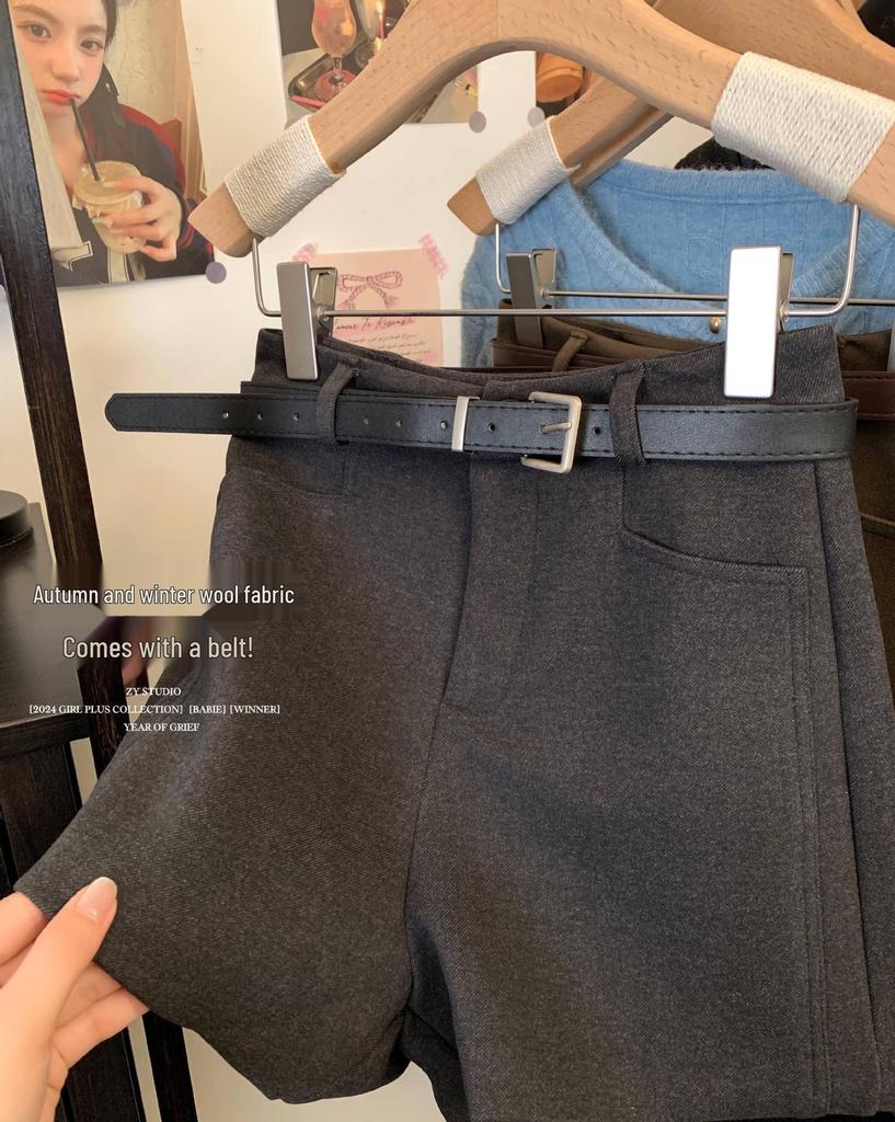Gray Wool Blend High-Waisted Wide-Leg Shorts for Women - Autumn/Winter Versatile Outerwear