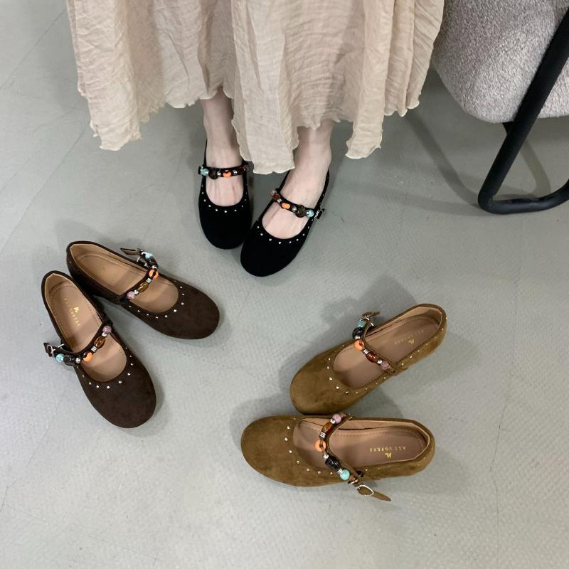 Fashion Retro Faux Suede Ballet Flats Women Luxury Gemstone Metal Rivet Decoration Designer Shoes Cozy Round Toe Shallow Mary Jane Shoes