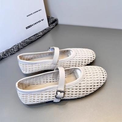 Chaussures Plates Décontractées d'Été pour Femmes en Tissage Confortables à Bout Rond Découpées Mary Jane avec Boucles Droites Sandales Résille