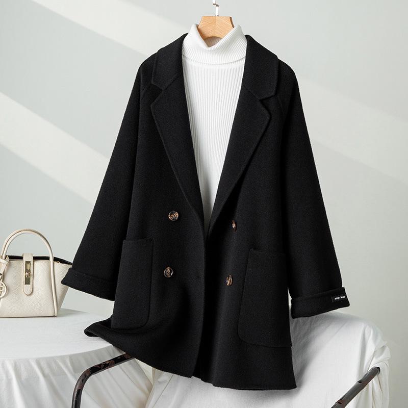 

Женское двустороннее шерстяное пальто на осень/зиму с карманами M (50-60 kg) чёрный