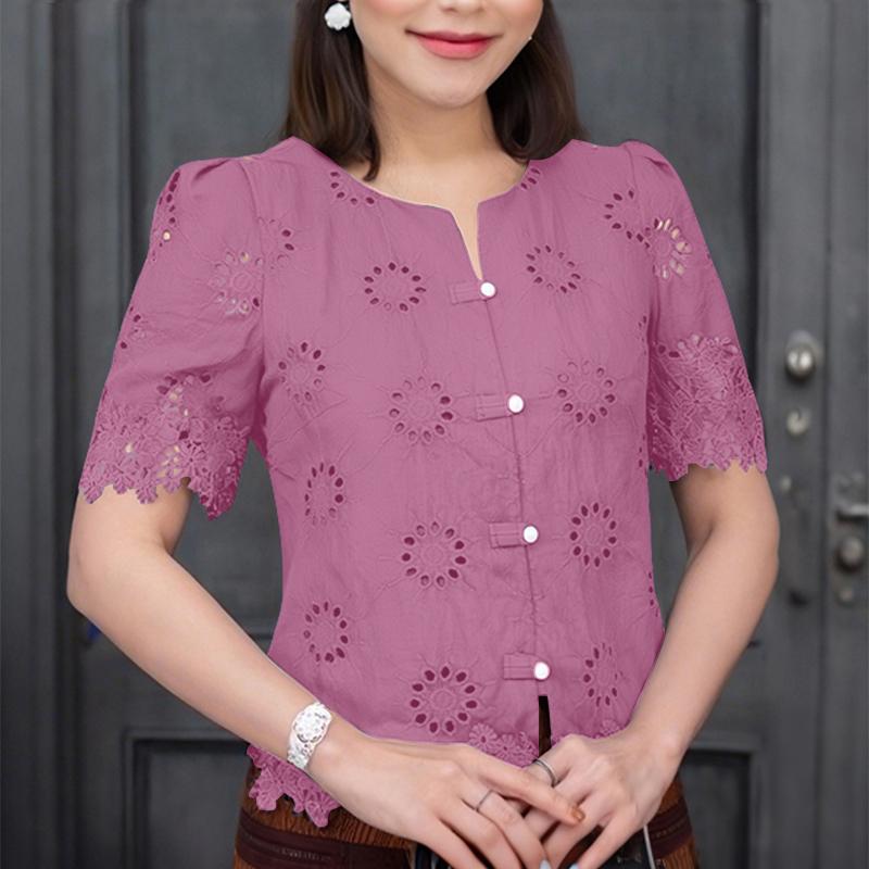 ZANZEA Women Casual Round Neck Short Sleeve Lace Crochet Patchwork Blouse