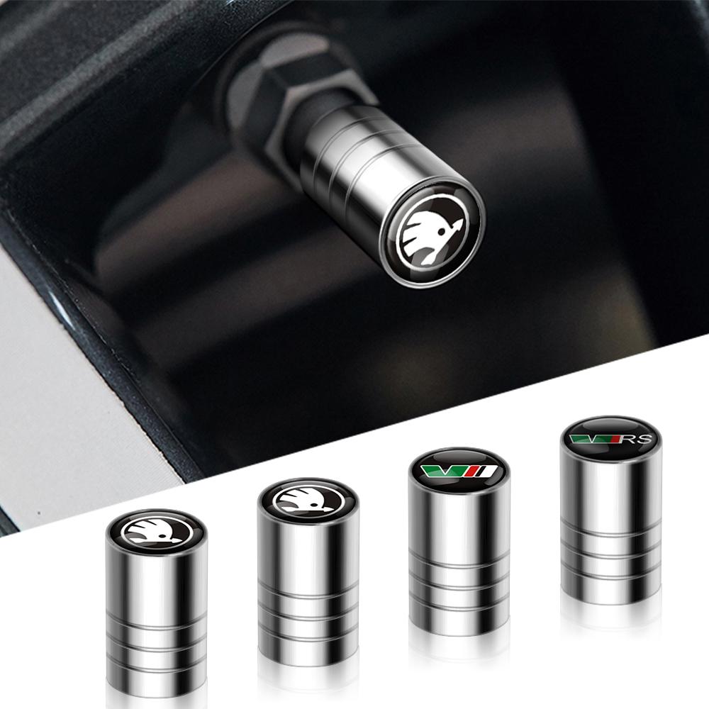 AAAJB1 4pcs Car Badges Wheel Tire Valve Stem Caps Covers Auto Accessories For Skoda Yeti Fabia Octavia 3 2 A5 Kodiaq Karoq Rapid Superb