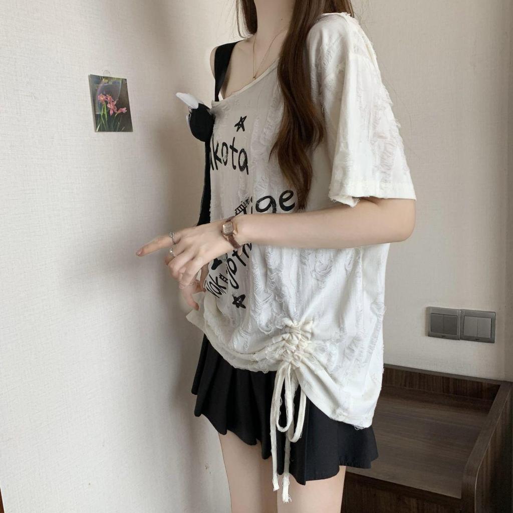 Women's Plus Size Off-Shoulder Ripped Short-Sleeve T-Shirt with Drawstring