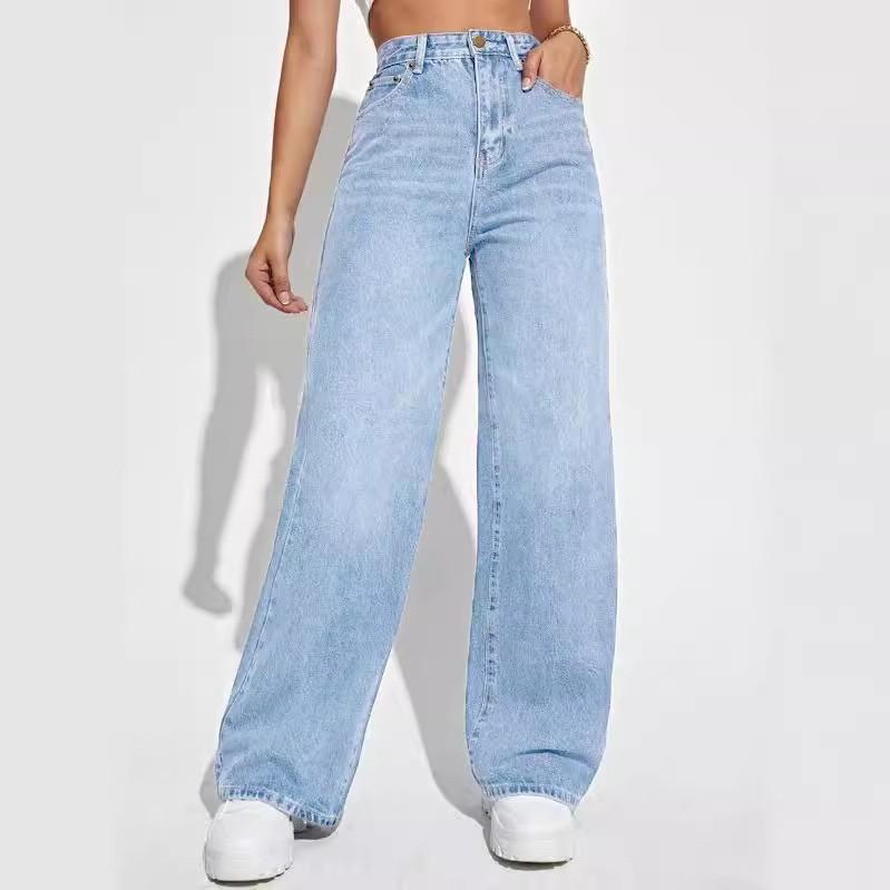 Women s Jeans Solid Color High Waist Straight Denim Trousers Clothes Sale S