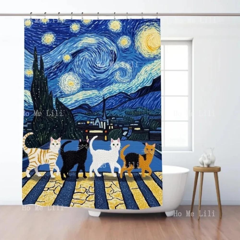 

Занавеска для душа с кошками и «Звездной ночью» Ван Гога, художественный кошачий дизайн, декор для ванной комнаты, подарки для любителей кошек 90x180 cm
