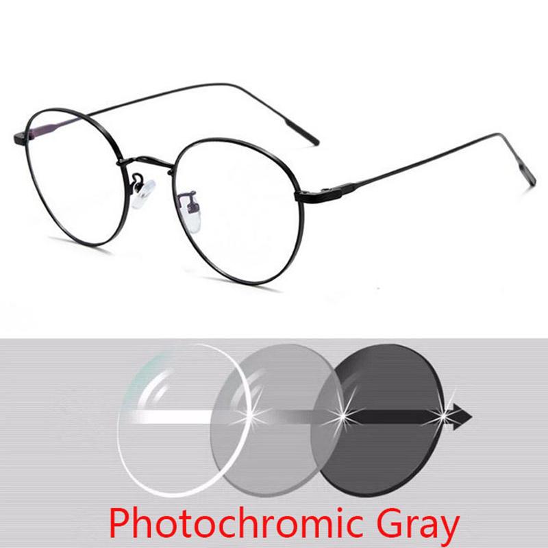Women Round Myopia Photochromic Prescription Spectacles Metal Anti Blue Light Nearsighted Glasses Diopter 0 -0.5 -0.75 To -6.0